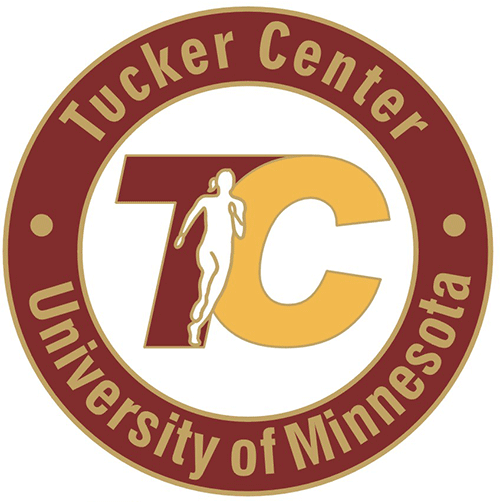 Tucker Center seal, a maroon ring with the words "Tucker Center" in gold at the top and "University of Minnesota" in gold at the bottom, and the conjoined letters T in maroon with C in gold in the center featuring a profile in gold of a runner with a ponytail