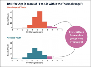 Two graphs comparing BMI for age for adopted and non-adopted youth.