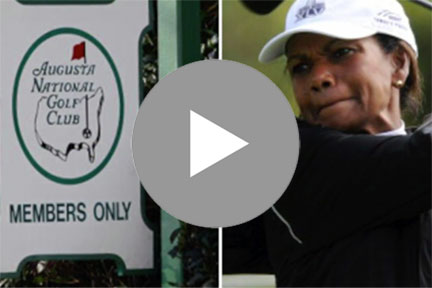 Augusta National road sign and woman golfer with video play button