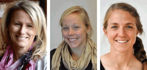 combined portrait images of Dr. Nicole M. LaVoi, Anna Baeth, and Matea Wasend, three smilng young white women with blonde hair, the first two with neck scarves of lavendar and gold, Matea with a thick braid over her left shoulder