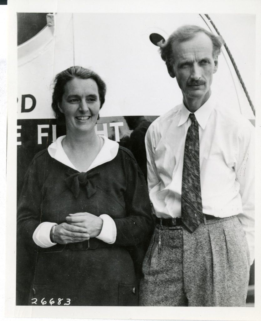 Archival photo of Jeannette and Jean Piccard next to a space craft
