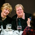 Distinguished Alumni Awardee Sharon Augenstein and CEHD Dean Jean Quam pose for photo during festivities.