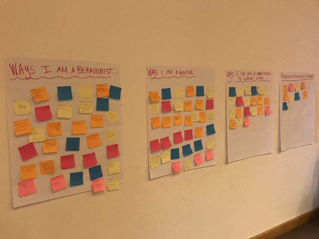 Photo of four large sheets of paper headed with "Ways I am a behaviorist," "Ways I am a bonder," "Ways I use info and neuro-science to support kids," "resources, videos, etc." and covered with post-it notes