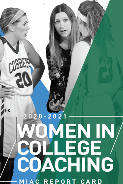 two women basketball players talking with female coach on report cover with intersecting light blue and grass green angled areas and cover text