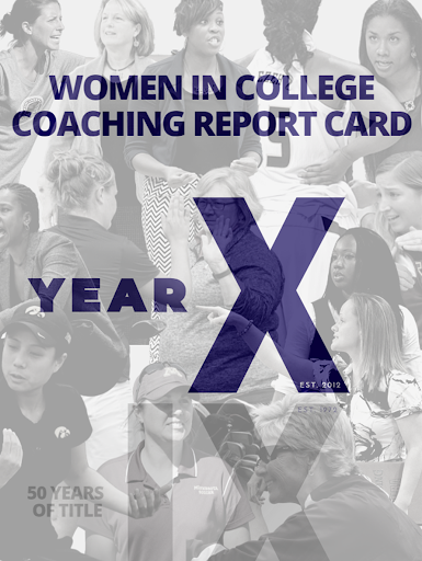 multiple background images of women coaches in greyscale with blue text "Women in College Coaching Report Card" and "Year and "X" in progressively larger size