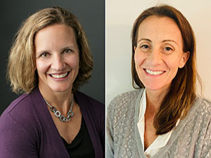 Dr. Beth Lewis, left, smiling in portrait pose in purple top, and Dr. Katie Schuver, right, smiling in grey sweater over white button-up collared shirt