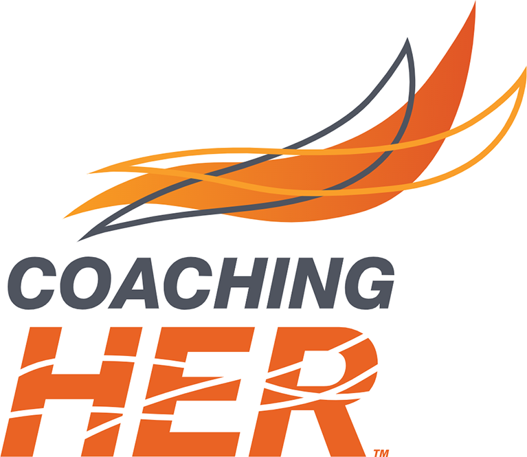 graphic with text Coaching in black above HER in orange run through with light orange undulating lines all below three leaf-like graphic shapes of white outlined in black and white outlined in light orange and solid orange light to dark gradient